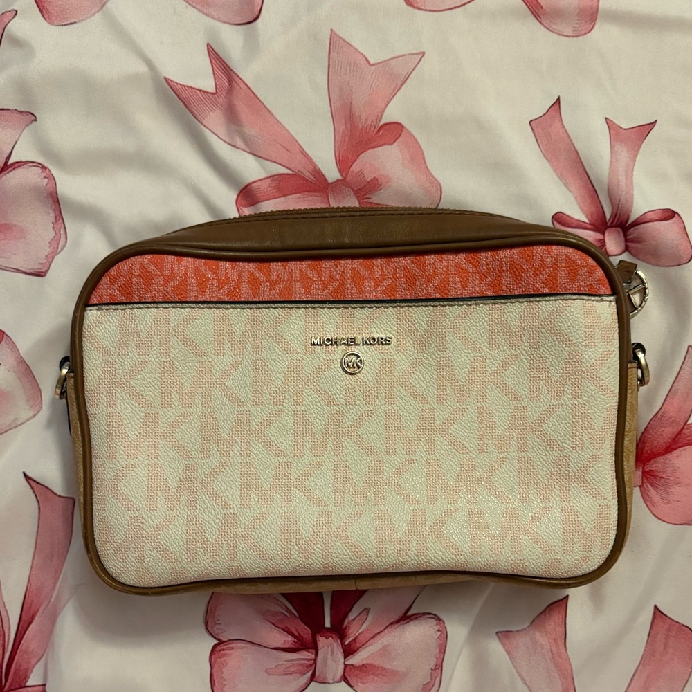 Michael Kors White and Brown Crossbody Bag